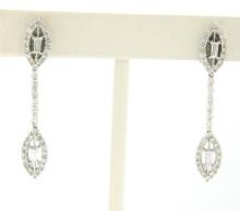 NEW 18k White Gold 0.95 ctw Round Baguette Diamond Drop Dangle Marquise Earrings