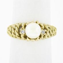 14K Gold Cultured Pearl Solitaire w/ Diamond Open Twisted Wire Work Domed Ring