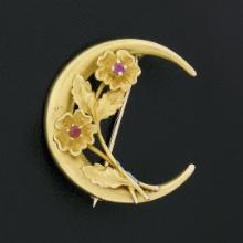 Antique Art Nouveau 10K Gold Round Ruby Crescent w/ Detailed Flowers Brooch Pin
