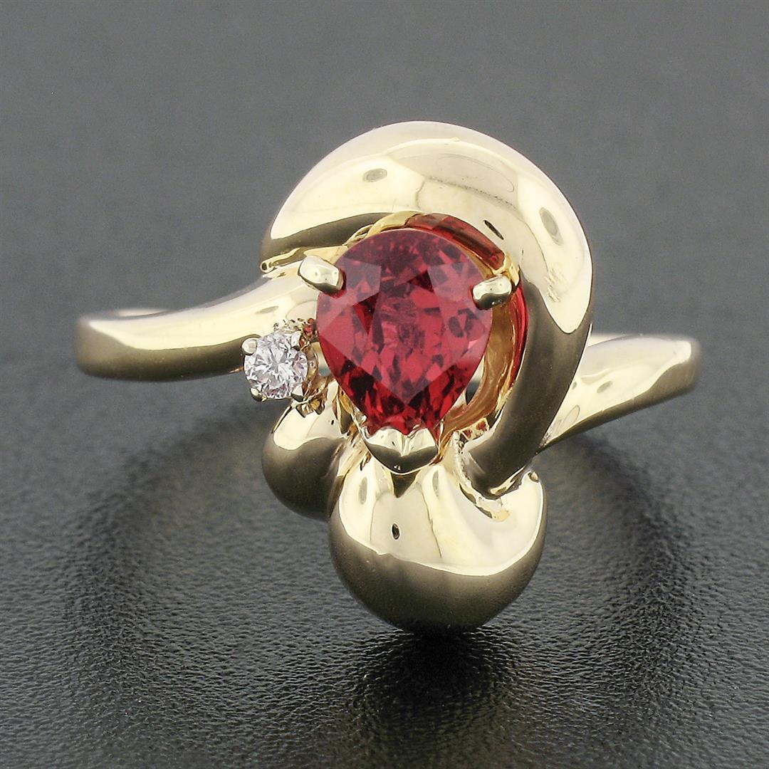 14k Yellow Gold 1.11 ctw GIA Pear Orange Red Ruby & Round Brilliant Diamond Ring