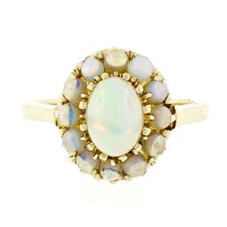 Vintage 14K Gold FINE Oval Cabochon Solitaire & Bead Ball Halo Opal Cluster Ring