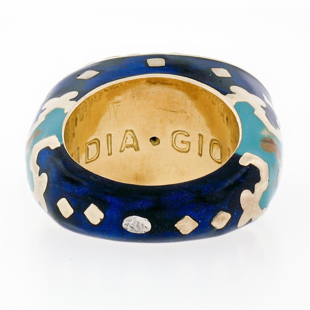Vintage Fidia Gioiellli 18K Gold Diamond Blue & Green Enamel Large Band Ring Sz5
