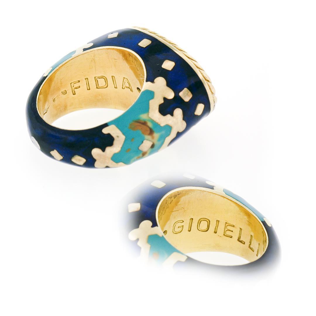 Vintage Fidia Gioiellli 18K Gold Diamond Blue & Green Enamel Large Band Ring Sz5