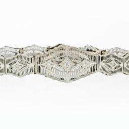 Antique Art Deco Esemco 14k White Gold Diamond Milgrain Filigree Buckle Bracelet