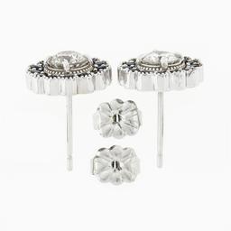 New 14k White Gold 1.51 ctw Diamond Sapphire Halo Milgrain Flower Cluster Earrin
