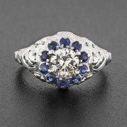 Vintage 18k White Gold 1.09 ctw Diamond Solitaire Sapphire Halo W/ Milgrain Ring