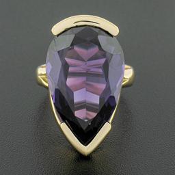 14k Yellow Gold Large Pear Cut Half Bezel Purple Stone Solitaire Cocktail Ring