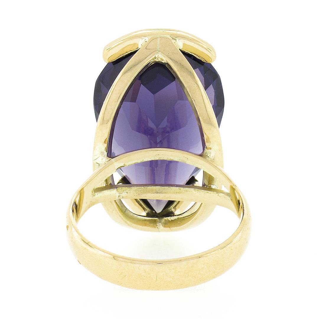 14k Yellow Gold Large Pear Cut Half Bezel Purple Stone Solitaire Cocktail Ring