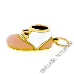Vintage Felix Vollman 18k Gold Large White Pink Enamel Baby Shoe Charm Pendant