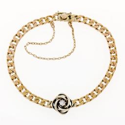 Vintage 14k TT Gold 0.17 ctw Diamond Solitaire Swirl Cuban Curb Chain Bracelet