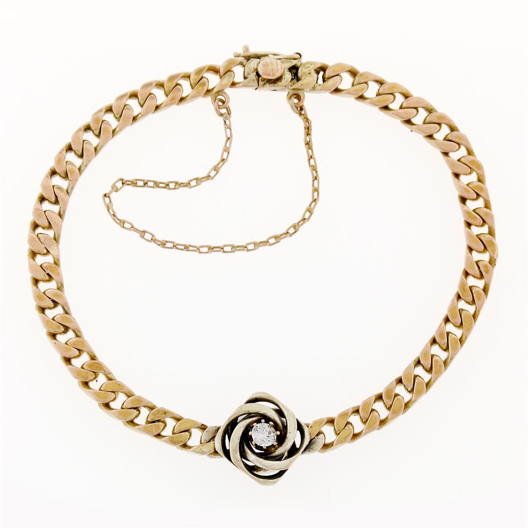 Vintage 14k TT Gold 0.17 ctw Diamond Solitaire Swirl Cuban Curb Chain Bracelet