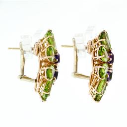 Large 14K Rose Gold Pear Green Peridot & Amethyst Happy Colorful Cluster Earring