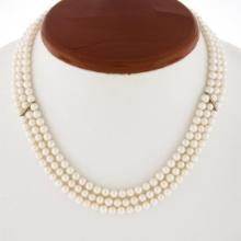 3 Strand 4-4.5mm Cultured Pearl Necklace w/ 14k Yellow Gold Wide Filigree Clasp