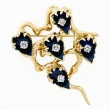 Vintage 18k Gold Dark Blue Enamel & 0.53 ctw Diamond Cup Flower Brooch Pin Penda