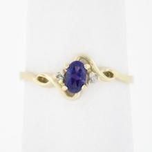 Petite Solid 10k Yellow Gold Oval Amethyst Solitaire Diamond 3 Three Stone Ring