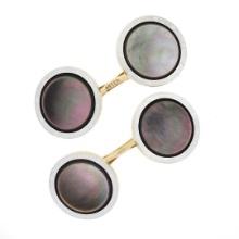 Men's Antique 14k TT Gold Black Mother of Pearl w/ Grooved Rim Round Cuff Links