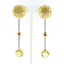 Antonini 18K TT Gold Bezel Citrine Diamond & Ruby Long Dangle Day Night Earrings
