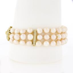 14k Yellow Gold 7.25" 1.25 ctw Diamond Covered Clasp 3 Row Cultured Pearl Bracel