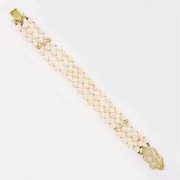 14k Yellow Gold 7.25" 1.25 ctw Diamond Covered Clasp 3 Row Cultured Pearl Bracel