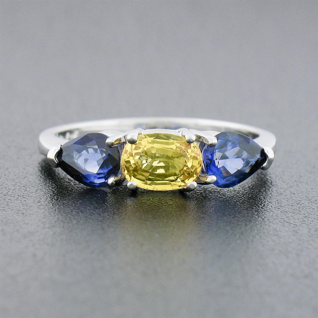 14k White Gold 2.25 ctw Oval Yellow & Pear Cut Blue Sapphire Three 3 Stone Ring