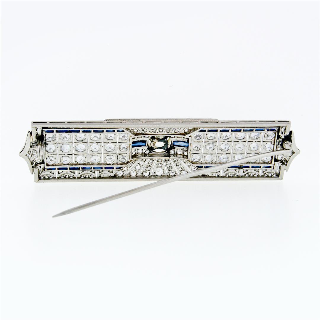Antique Art Deco Platinum 7.24 ctw Diamond Large Sapphire Filigree Brooch Pin
