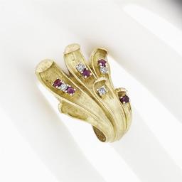 Large Vintage 18K Gold Ruby & Diamond Textured Overlap Multi Leaf Cocktail Ring