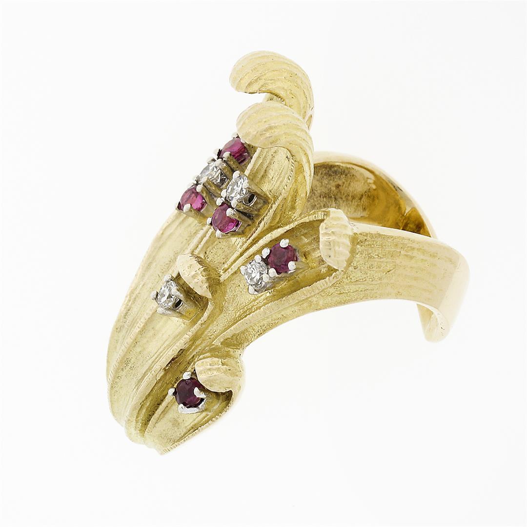 Large Vintage 18K Gold Ruby & Diamond Textured Overlap Multi Leaf Cocktail Ring