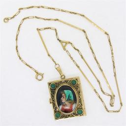 Antique French 14k Gold Turquoise Enamel Portrait Hinged Locket Pendant Necklace