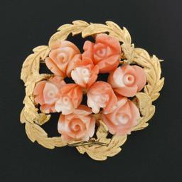 Vintage 14K Gold Carved Coral Rose Flower Bouquet Textured Leaf Round Pin Brooch