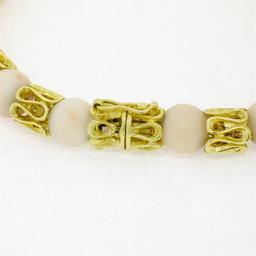 Vintage 18k Yellow Gold Twisted Link Bracelet w/ Matching Angel Skin Coral Beads