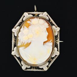 Antique 14K Gold Carved Shell Cameo Hand Etched Floral Filigree Brooch Pendant