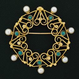 Vintage Victorian Revival 14k Gold Turquoise & Pearl Open Circle Brooch Pendant