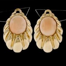 Large 14K Yellow Gold Oval Angel Skin Coral Fluted Grooved Ribbed Omega Earrings
