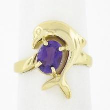 14k Yellow Gold Dolphin Jumping Over 0.90 ctw Oval Prong Amethyst Solitaire Ring