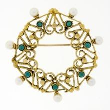 Vintage Victorian Revival 14k Gold Turquoise & Pearl Open Circle Brooch Pendant
