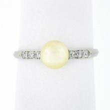 Antique Art Deco .900 Platinum Cultured Pearl Solitaire Single Cut Diamond Ring