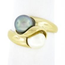 Classic Solid 14K Gold 6.9mm Gray & White Dual Pearl Polished Finish Bypass Ring