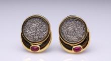 Pair of 18K Yellow Gold & Ruby Earrings with Sterling Silver Floral Medallions b