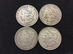 4 U S one dollar coins,years 1883,1882,1889,1886