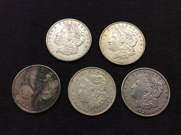 5 U S one dollar coins,all year 1921