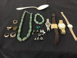 4 watches,5 rings,necklace and bracelet,earrings,spoon