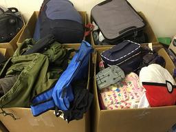 12 boxes of backpacks,clothes,purses,tools,electronics, Phone chargers and plugs,canes,
