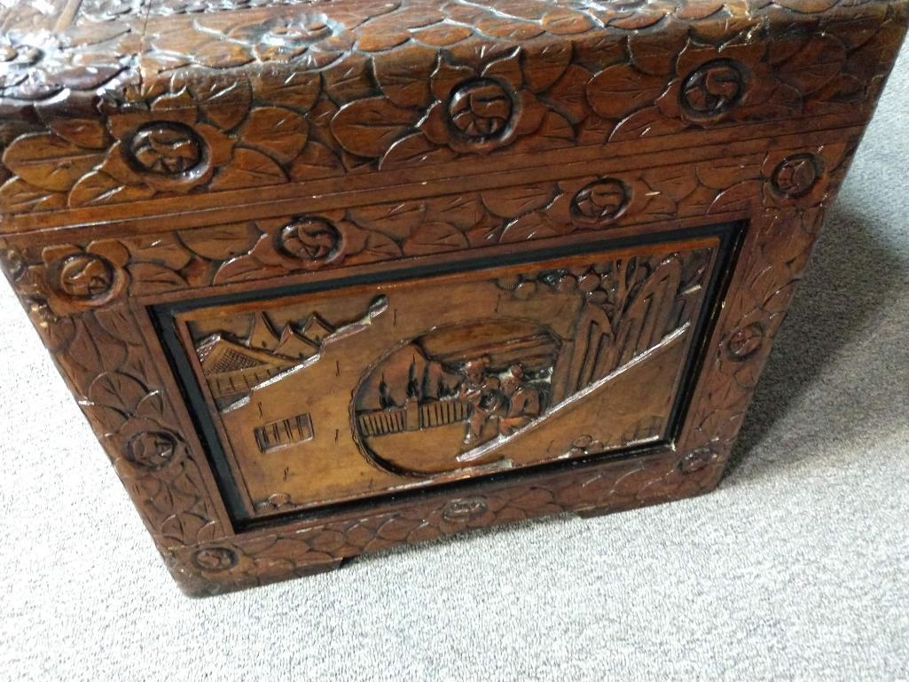 Large Hand-Carved Chinese Camphor Wood Chest