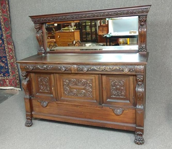Antique Hand Carved Sideboard With Mirror