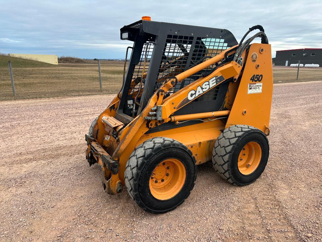 2007 Case 450 skid steer, OROPS, aux hyds, hyd quick coupler, 12x16.5 tires, hand controls, Ride