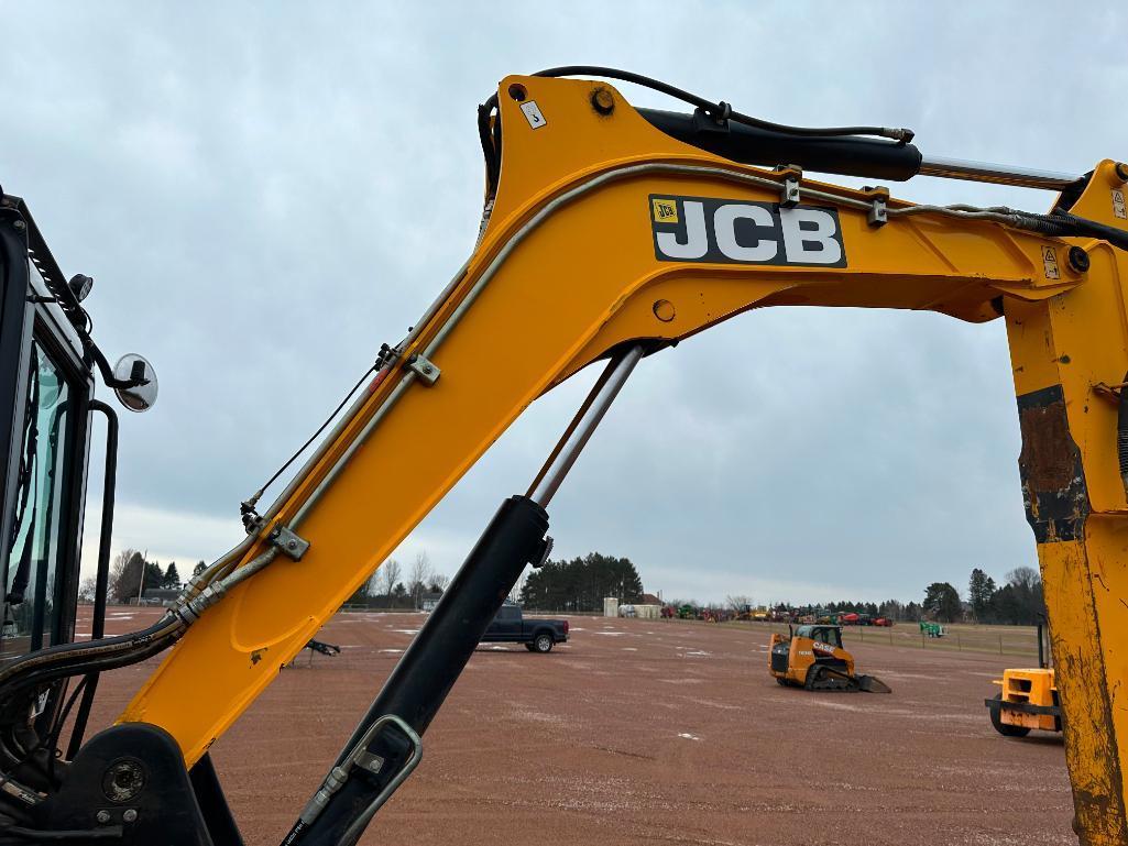 2016 JCB 85Z-1 excavator, cab w/AC, 18" rubber tracks, front blade, 6'6" stick, 24" quick coupler