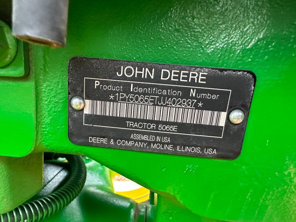 2018 John Deere 5065E tractor, CHA, MFD, John Deere 520M loader, 16.9x28 rear tires, 12-spd