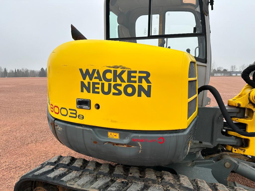 2011 Wacker Neuson 8003 excavator, cab w/AC, 18" rubber tracks, front blade, 3rd valve, hyd thumb,