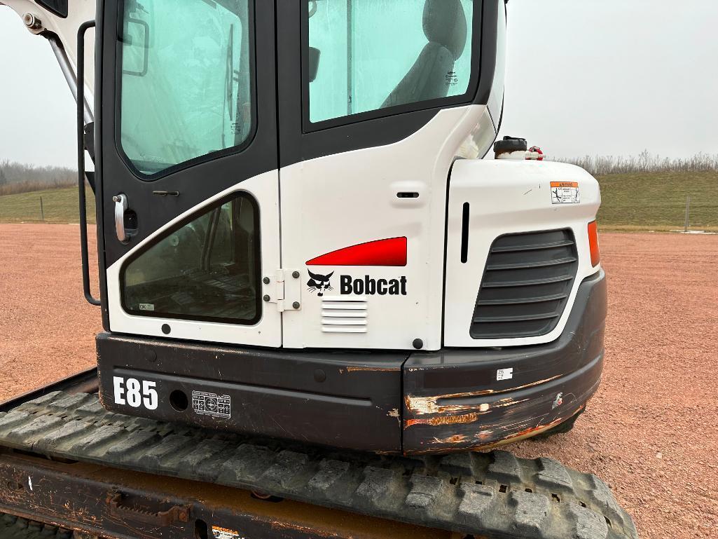 2016 Bobcat E85 excavator, cab w/AC, 18" rubber tracks, 7'5" stick, front blade, 35" quick coupler