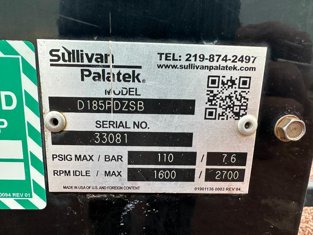 2015 Sullivan Palatek D185 portable air compressor, Deutz diesel engine, 185 CFM, ball hitch, runs &